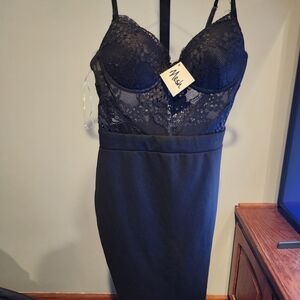 Mesh Lace Bodice Black Mini Dress